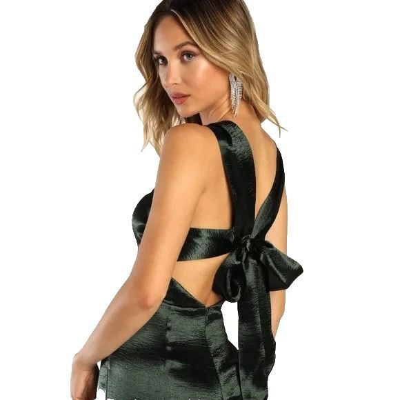 Lulus Joyful Blk Rippled Satin Tie-Back Jumpsuit  Size S  Going Out  Date Night - Picture 2 of 12